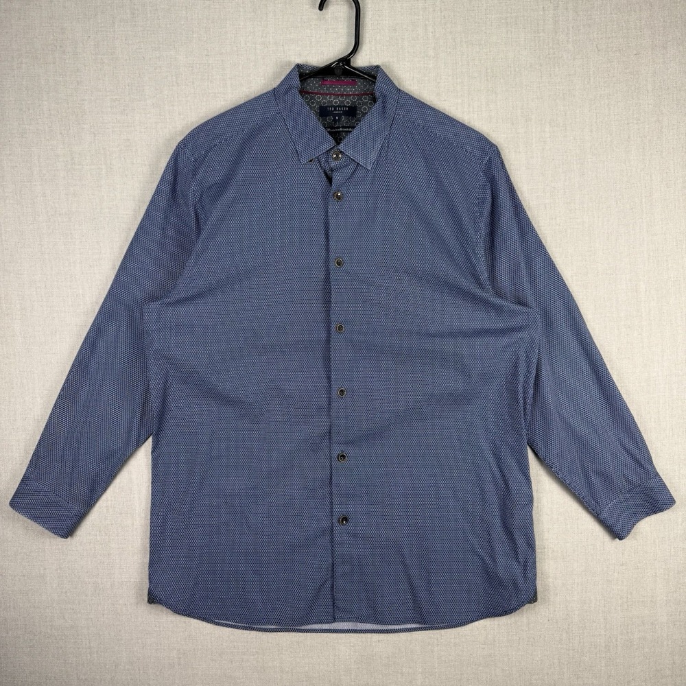 Ted Baker London Shirt Mens Size 5 Navy Blue Long Sleeve Button Down Geometric